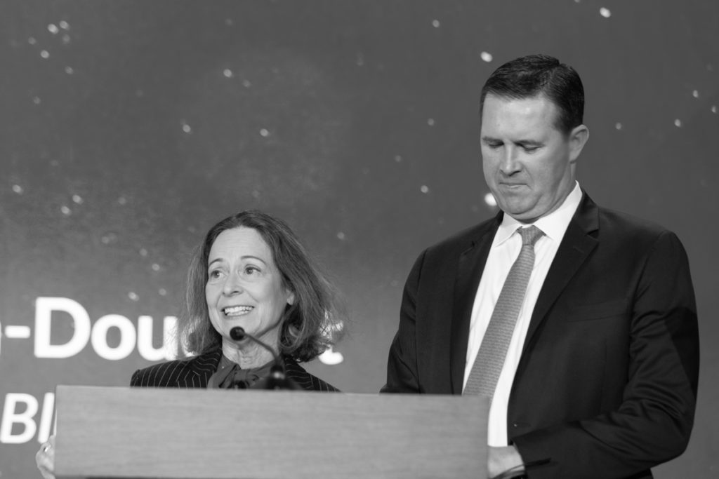 kathy roth-douquet, blue star families ceo and eric eversole, hiring our heroes president providing statement during 4+1 event